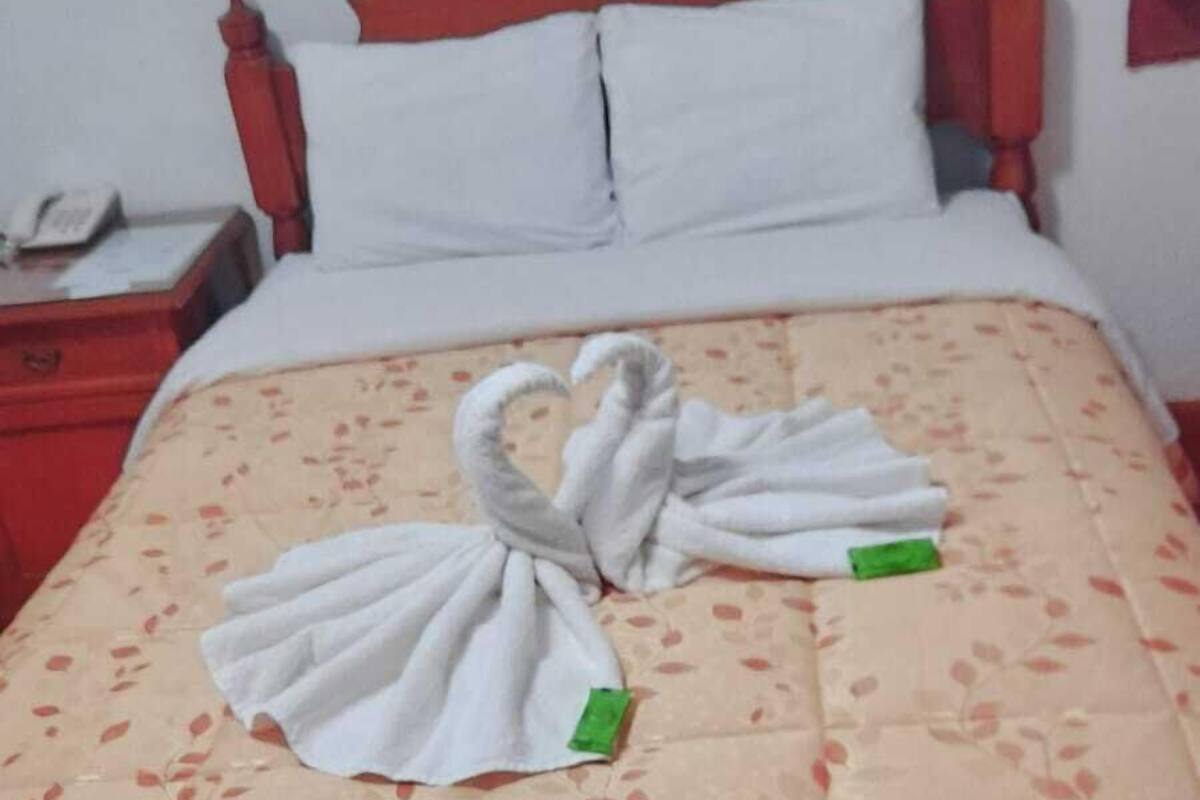 A hotel room with a bed, a nightstand, and a red wall.