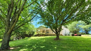 Une maison avec une grande pelouse, un arbre et une clôture.