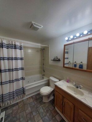 Een badkamer met een bad, toilet, wastafel met spiegel en douche.