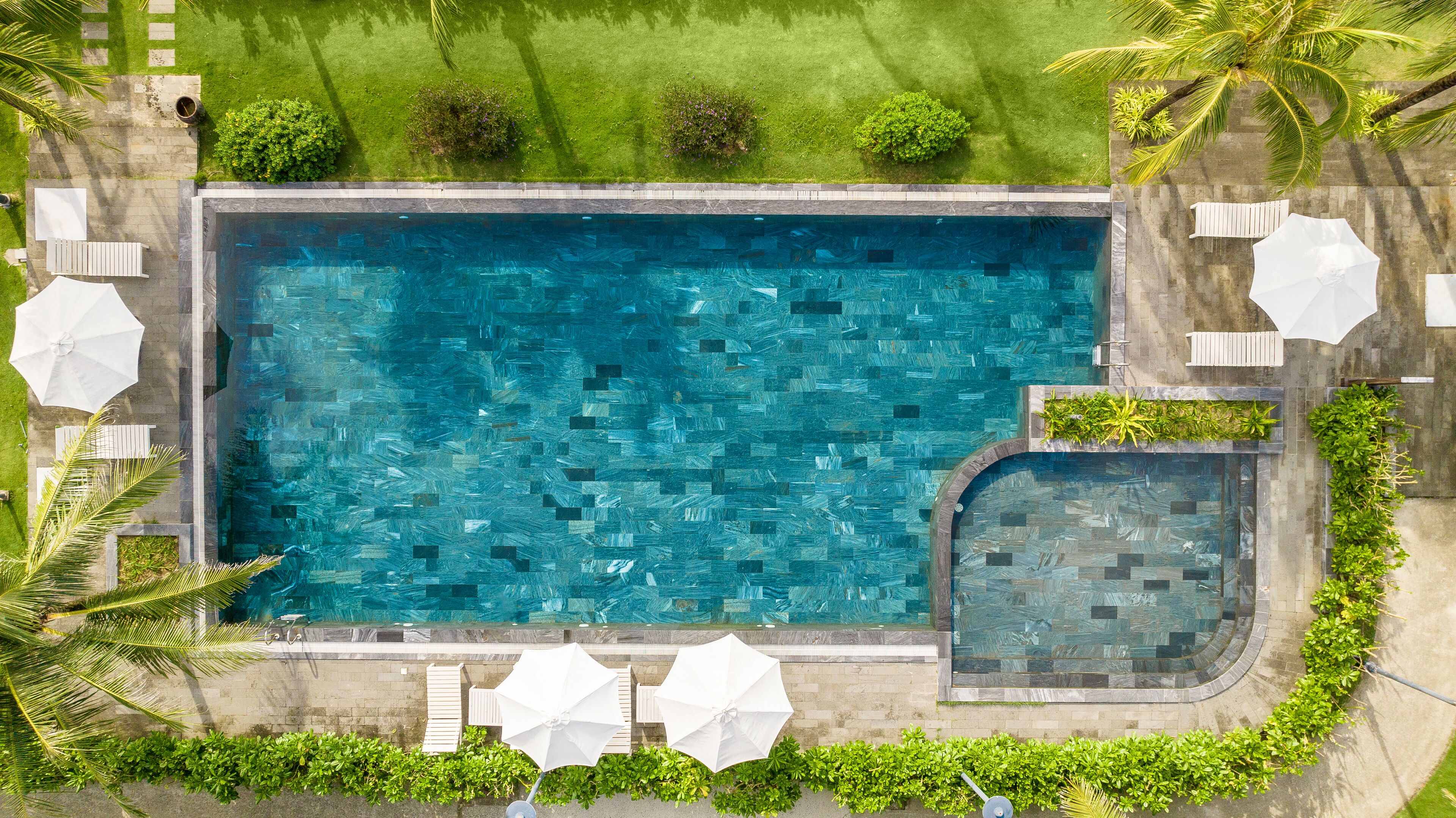 Vista aérea de una piscina rectangular con borde de piedra, rodeada de palmeras y vegetación.