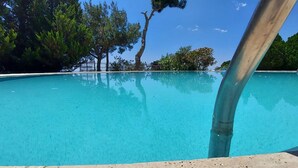 A clear blue swimming pool with a metal ladder on the right side, surrounded by trees and a clear sky. - Malikane Luxury Resort (Edremit)