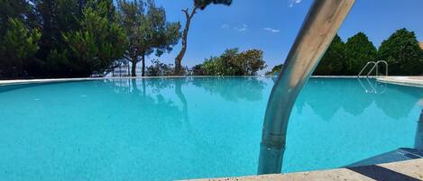 Seasonal outdoor pool, open 7:30 AM to 8:00 PM, pool umbrellas