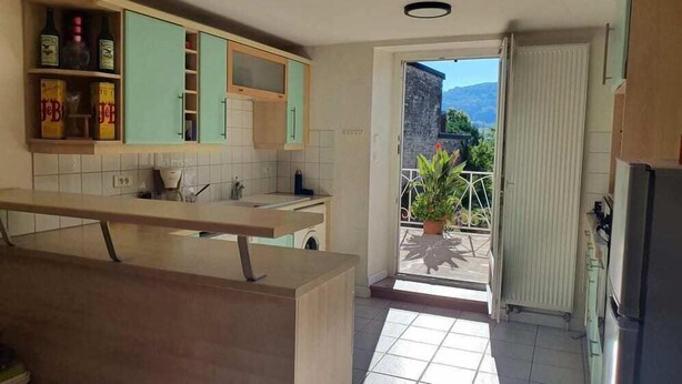 Une cuisine dotée d’un plan de travail en bois, d’un lave-linge et offrant une vue sur un balcon agrémenté de plantes.