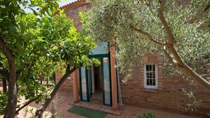 A courtyard with a building featuring a green door and columns, surrounded by trees and plants. - Nature & Tranquility only 25km from Barcelona (Torrelles de Llobregat)