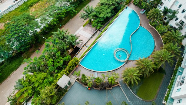 An aerial view of a swimming pool surrounded by lush greenery and palm trees, with a curved design and a central fountain.
