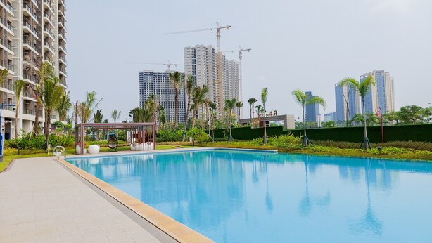 A swimming pool with a tiled deck, surrounded by greenery and palm trees, with high-rise buildings and construction cranes in the background.