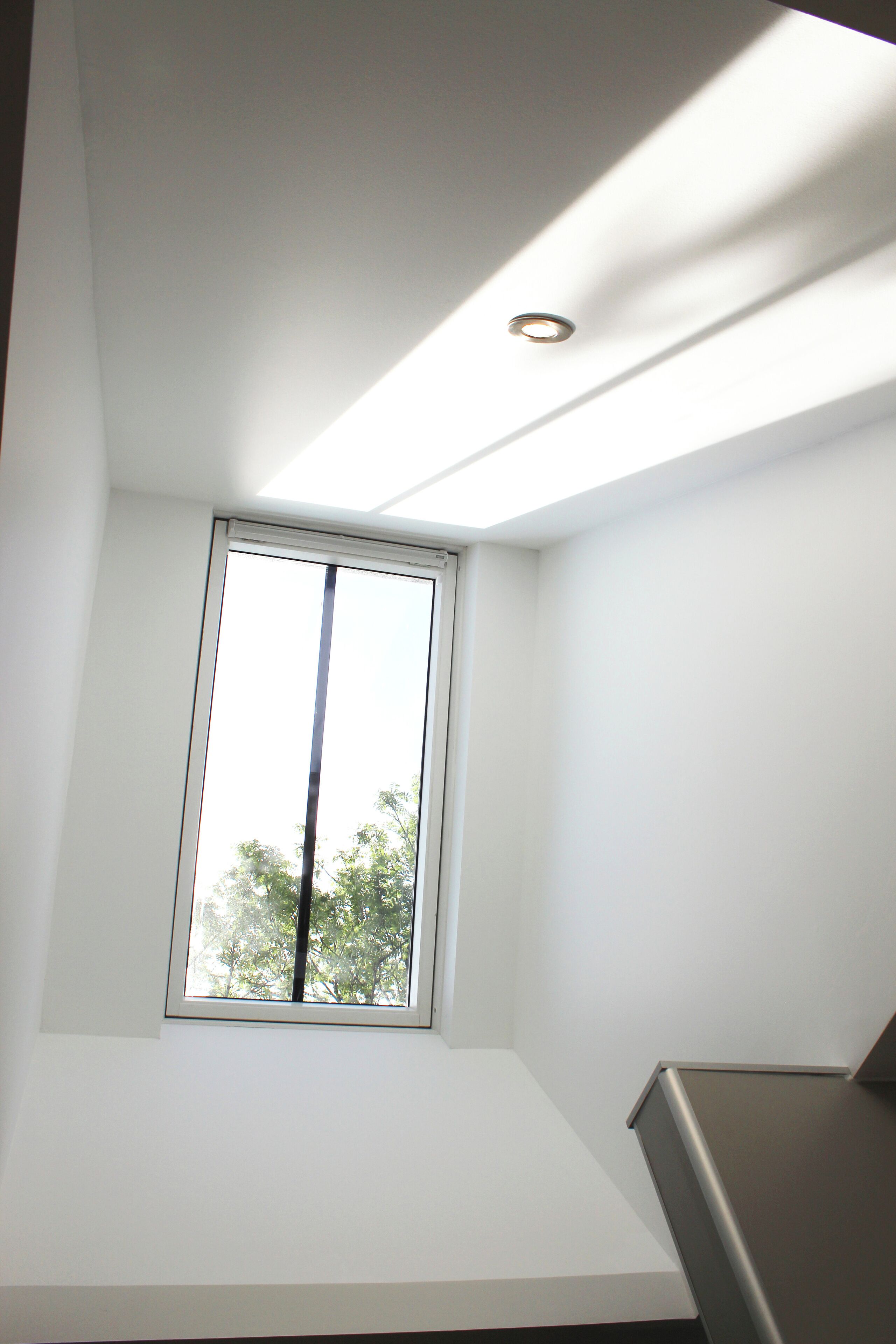 A room with a skylight window, a ceiling light, and a corner desk.