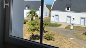 A view through a window of a building with a white exterior, multiple doors, and a small garden with palm trees.