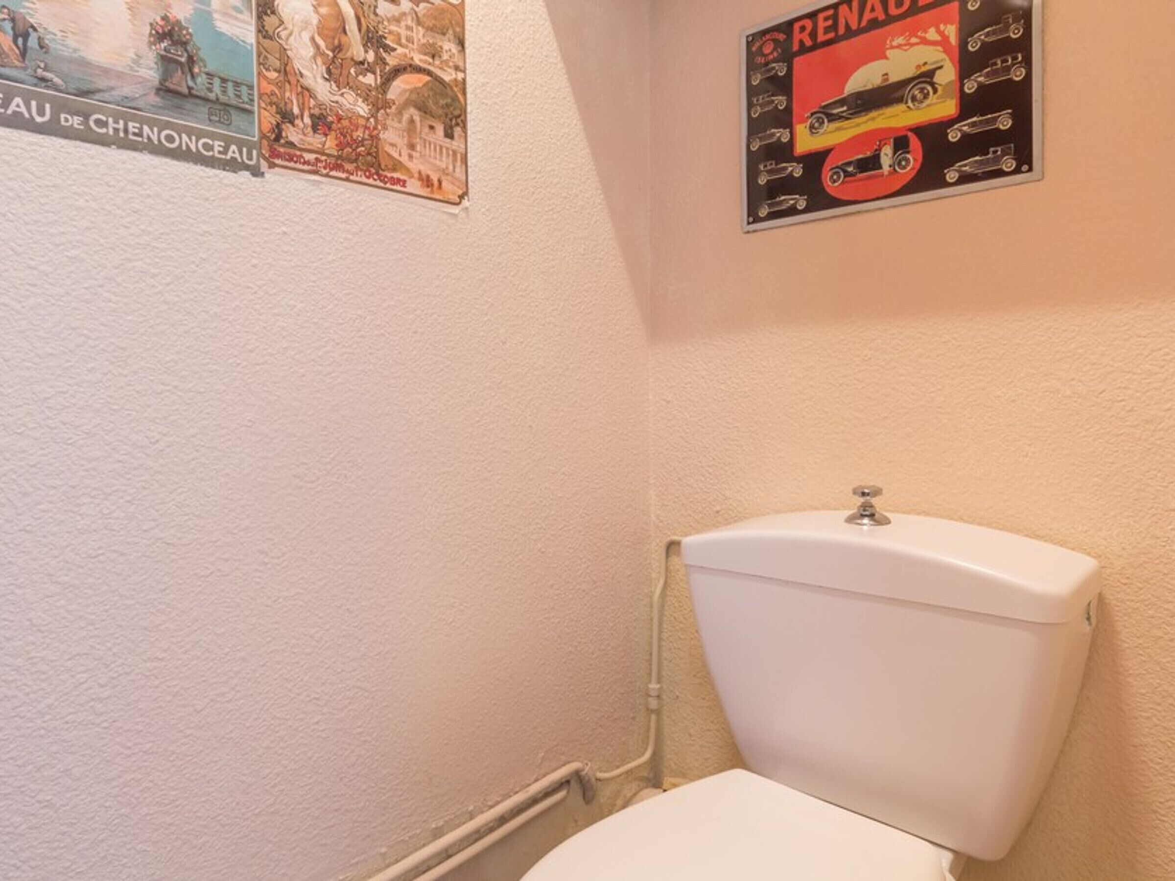 A bathroom with a toilet, a wall-mounted poster, and a visible pipe.