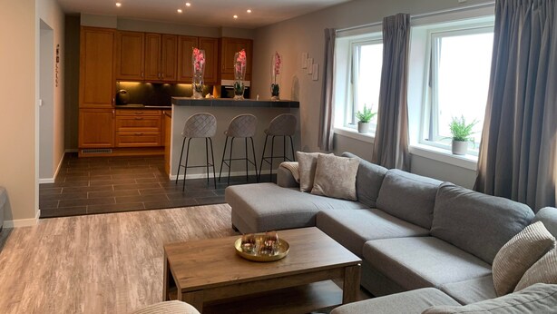 A modern living room with a grey sofa, a wooden coffee table, and a kitchen area with wooden cabinets and a bar counter. - Notodden Sentrum Apartment NO 8 (Notodden)