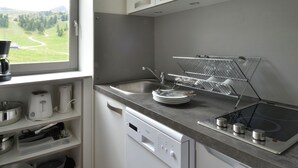 A modern kitchen with a built-in dishwasher, a stainless steel sink, and a window offering a view of a green landscape. - Bright divisible studio, direct piste access, balcony, pets allowed (Plagne Bellecôte)