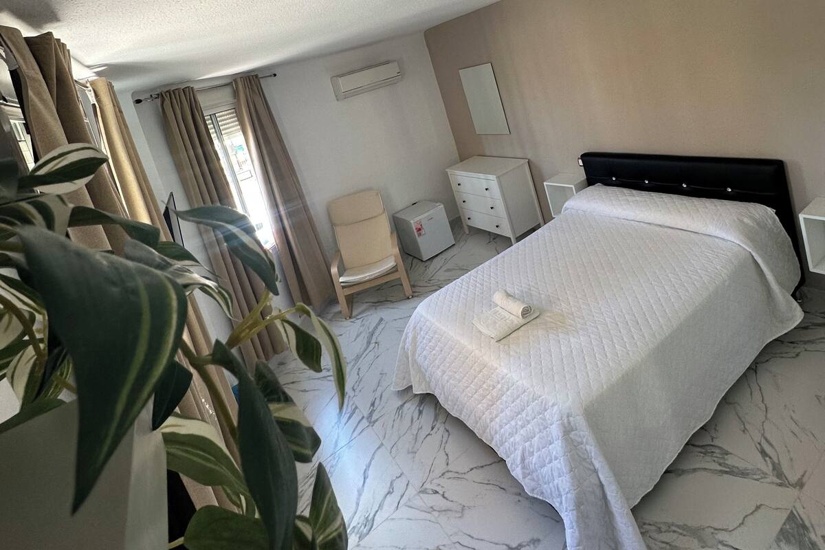 A hotel room with a bed, a chair, a nightstand, a mirror, and a potted plant.