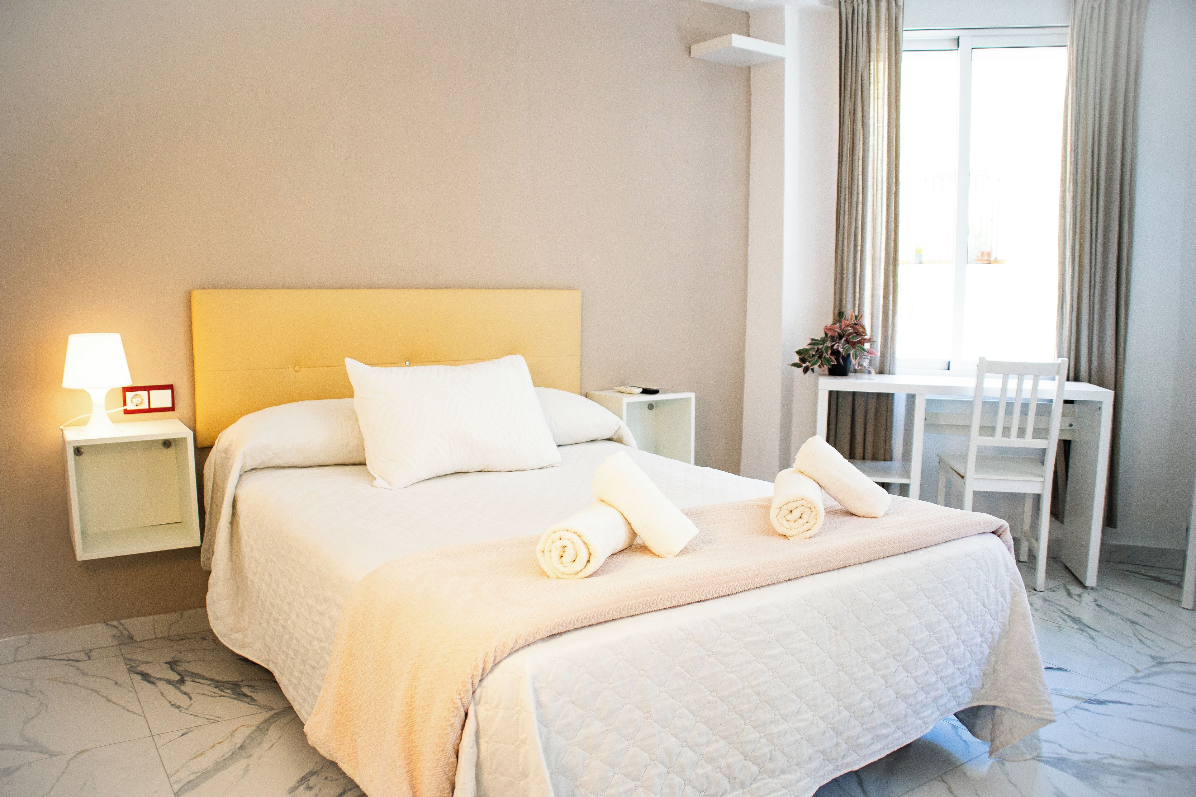 Habitación de hotel con cama, mesita de noche con lámpara, una silla y un escritorio con una planta.