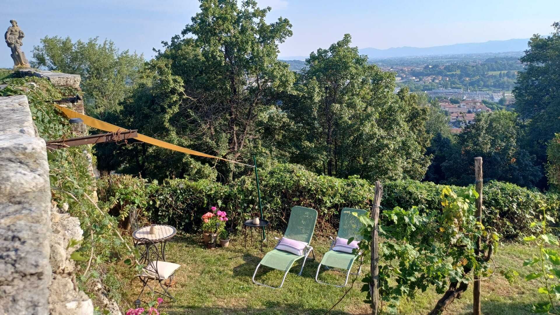 A vineyard with chairs and a statue, overlooking a town.