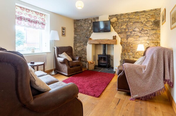 A cozy living room with a stone wall, a fireplace, leather sofas, and a red rug.