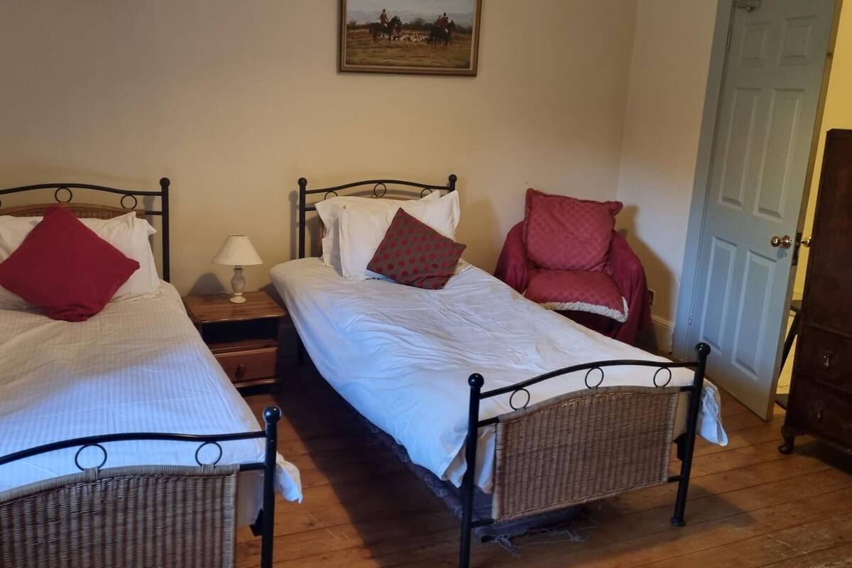 A room with two single beds, each with a red pillow and a lamp on a bedside table.