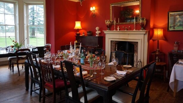 Une salle à manger avec une cheminée, des murs rouges et un lustre.