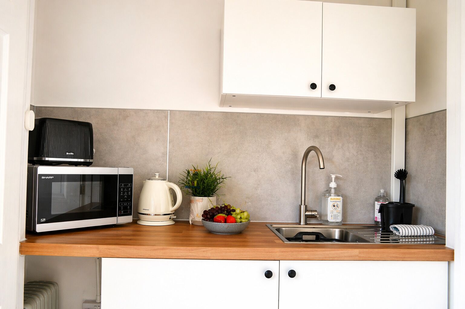 Fridge, microwave, electric kettle, toaster