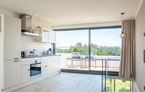 Fridge, stovetop, dishwasher, coffee/tea maker