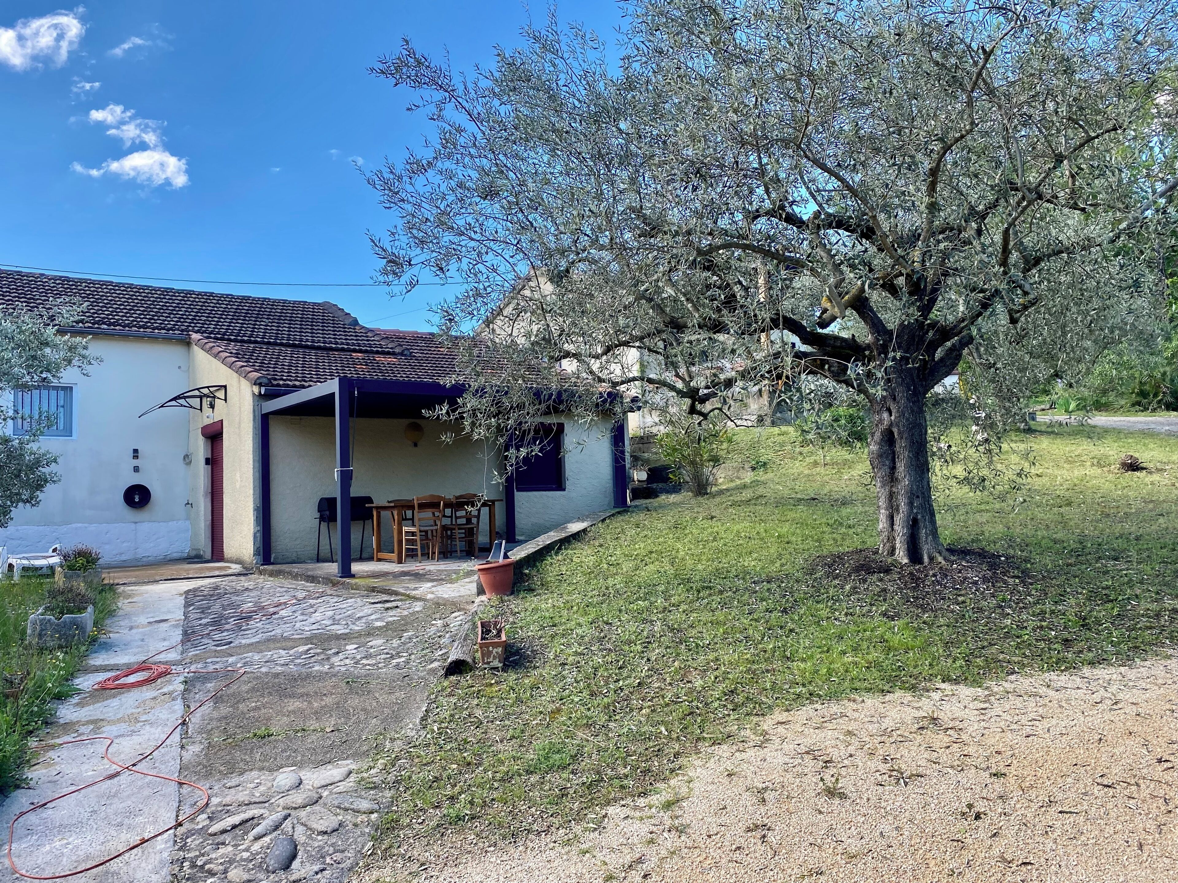 A house with a patio, a tree, and a grassy yard.