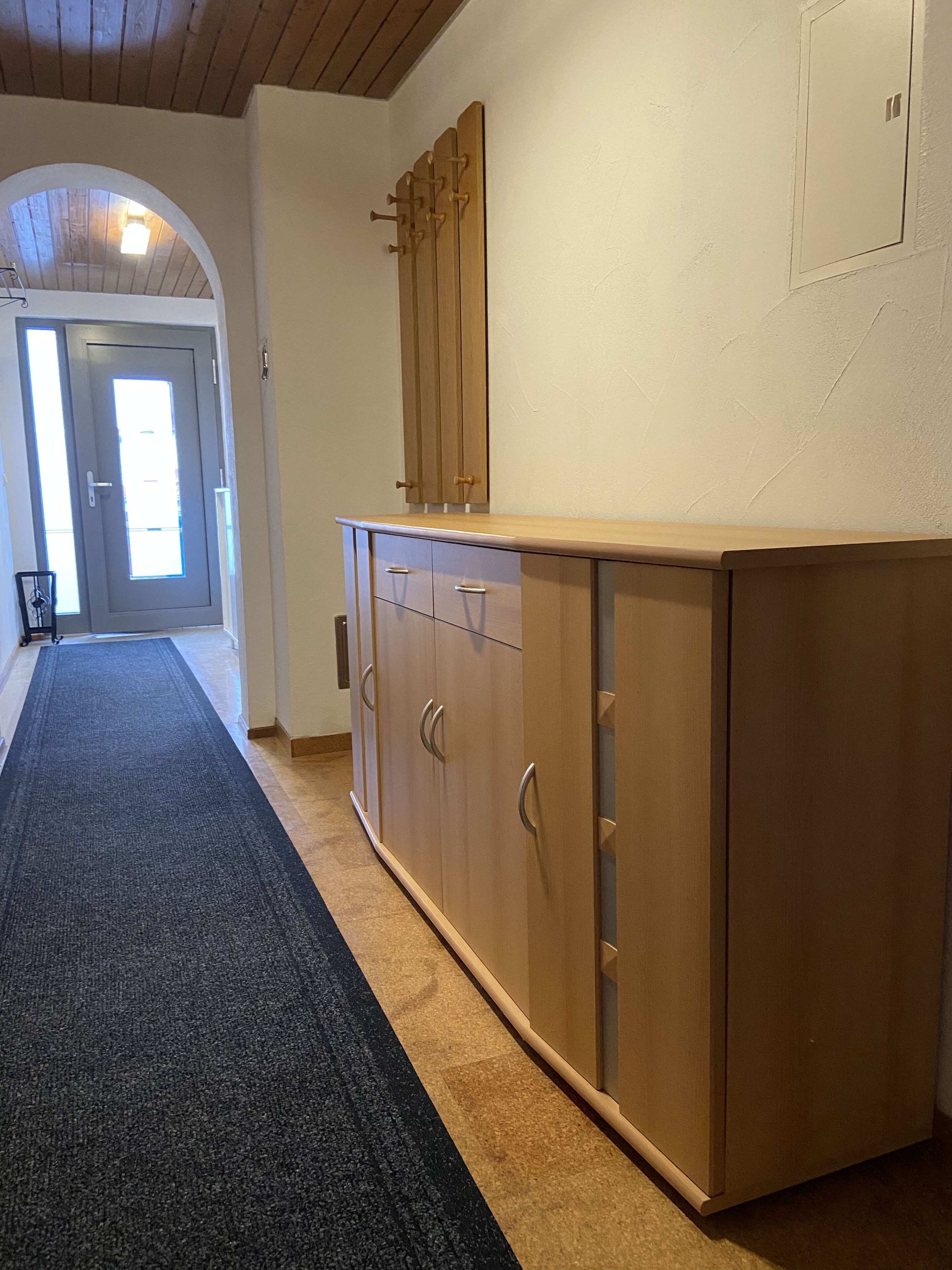 A hallway with a wooden cabinet, a door with a window, and a carpeted floor.