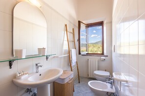 A bathroom with a large mirror, a sink, a toilet, and a window with a view of the outdoors. - Leondardo Apartment ~ LE FRAINE (New Opening 2022) (Santa Luce)