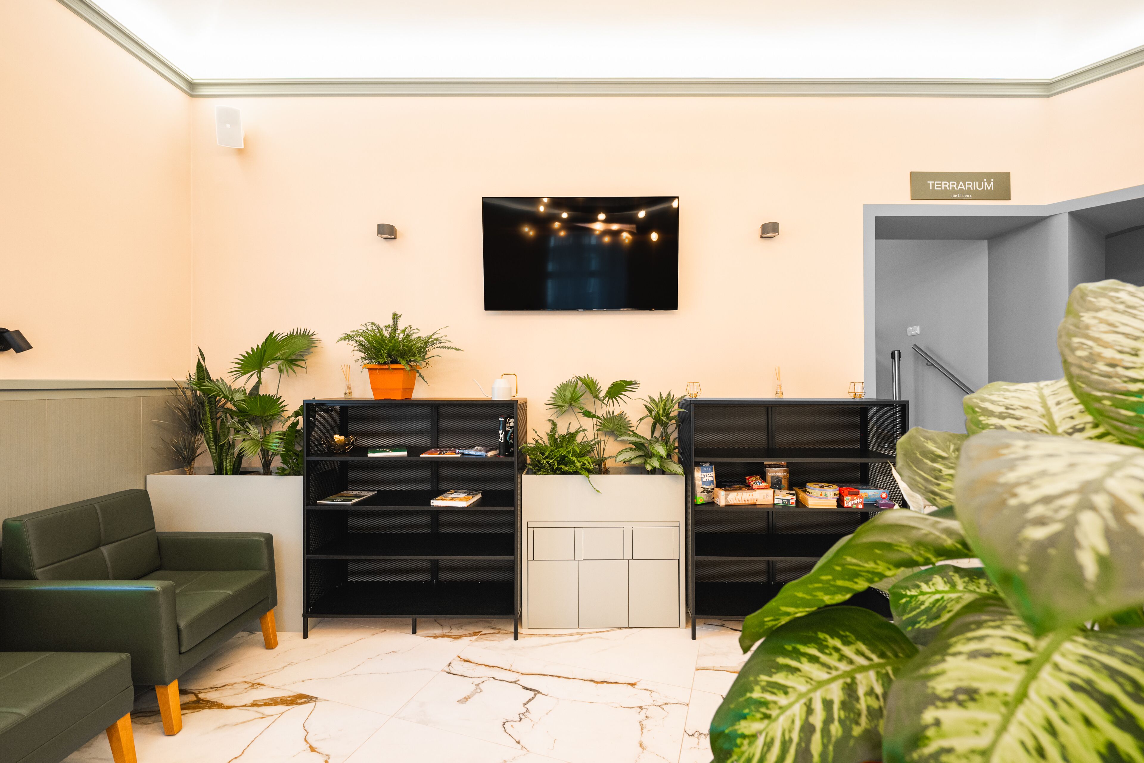 A modern lobby with a flat-screen TV, potted plants, and a sign reading "Terrarium".