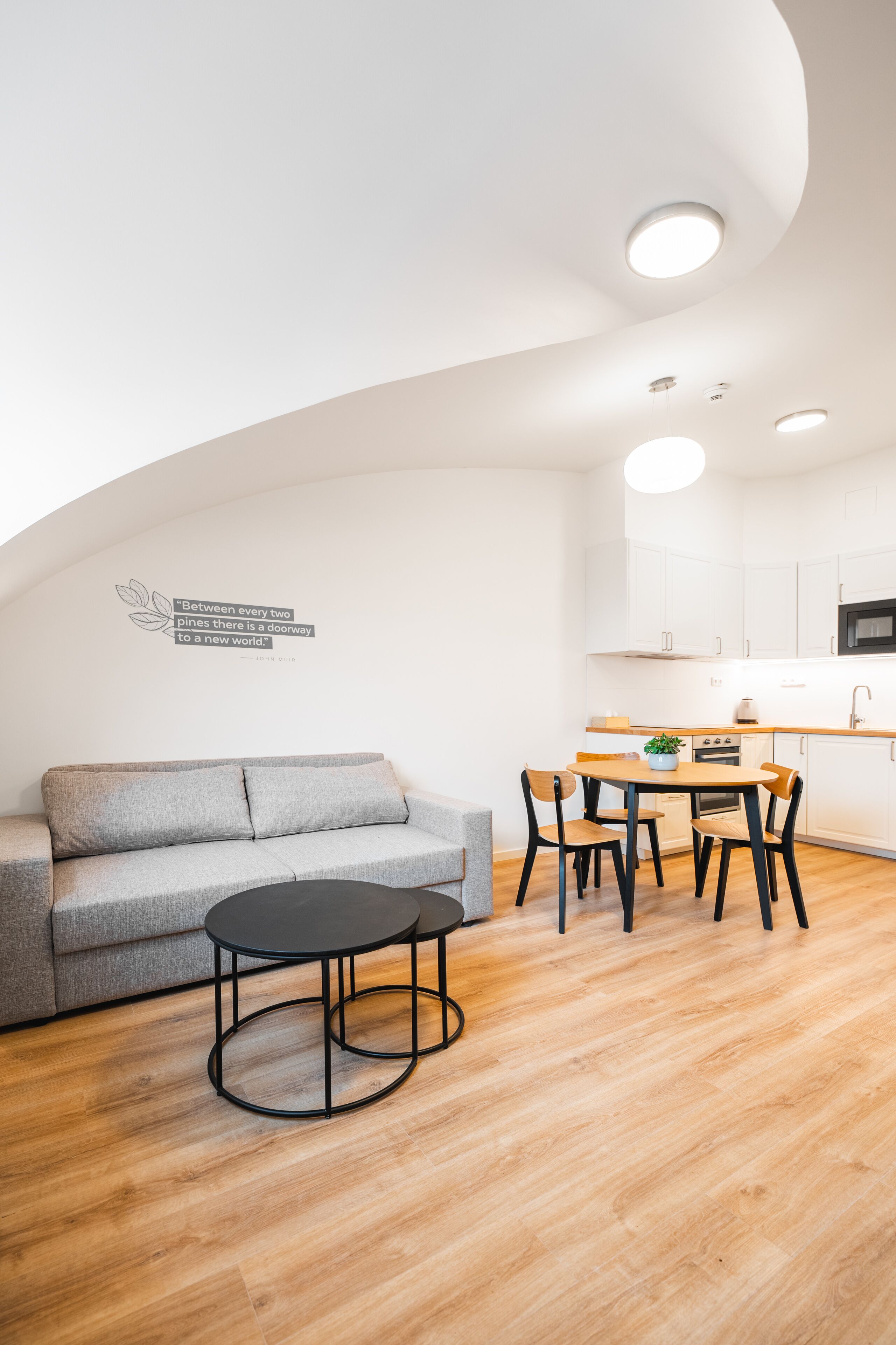 Una sala de estar moderna con un sofá gris, una mesa de centro redonda y un comedor con una mesa y sillas de madera.