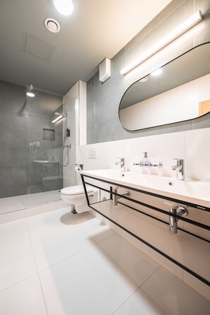 Habitación triple básica | Baño | Ducha, secador de pelo y papel higiénico