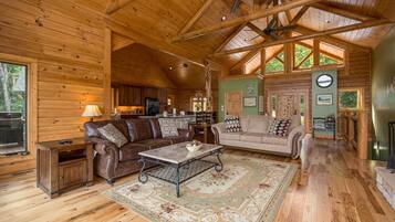 Smart TV, fireplace, table football, books