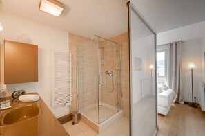 Shower, hair dryer, towels