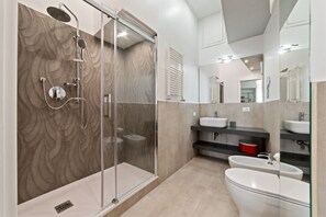 Shower, hair dryer, bidet, towels