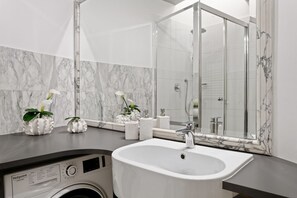 Shower, hair dryer, bidet, towels