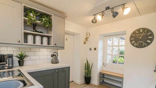 Eine moderne Küche mit grauen Schränken, einem eingebauten Backofen, einem Wasserkocher und einer Spüle. Auf der Arbeitsplatte steht ein Blumentopf und an der Wand hängt eine Uhr.