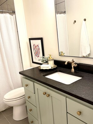 Bathtub, hair dryer, towels, soap