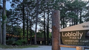 Un cartel de Loblolly Pines Adventure Camp con un camino de grava y árboles circundantes.