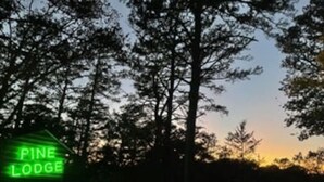 Señalización para 'Pine Lodge' en una zona boscosa.
