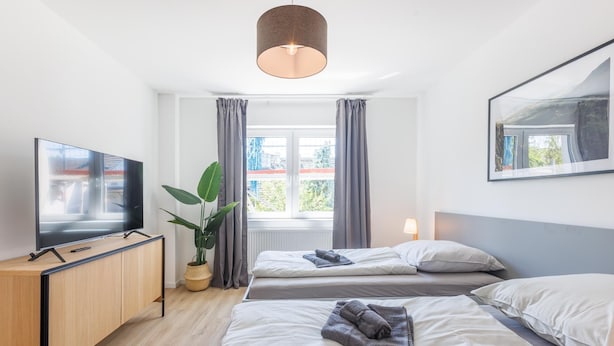 A hotel room with two beds, a TV, a plant, and a window with curtains. - Glück Auf Appartements Schleiermacherstr (Duisburg)