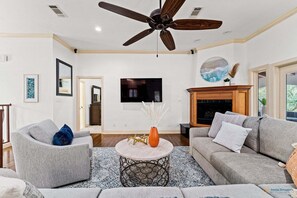 Smart TV, fireplace, music library, video library