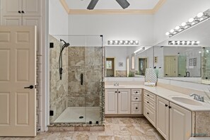 Combined shower/bathtub, jetted bath, hair dryer, bidet