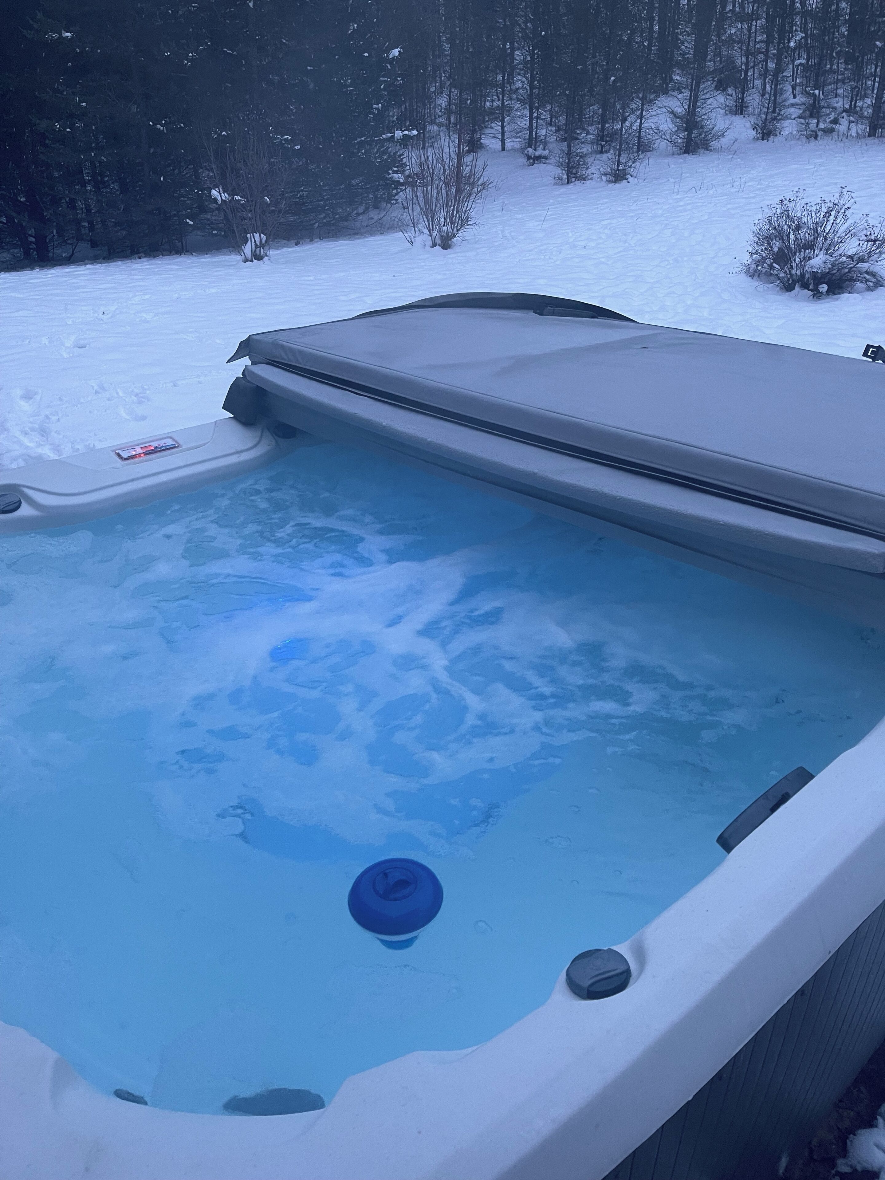 Un bain à remous doté d’une couverture bleue, entouré d’un paysage enneigé et d’arbres.