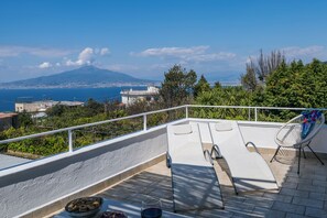 Une terrasse sur le toit offrant une vue sur la montagne et la mer, avec un fauteuil et un bol de collations.