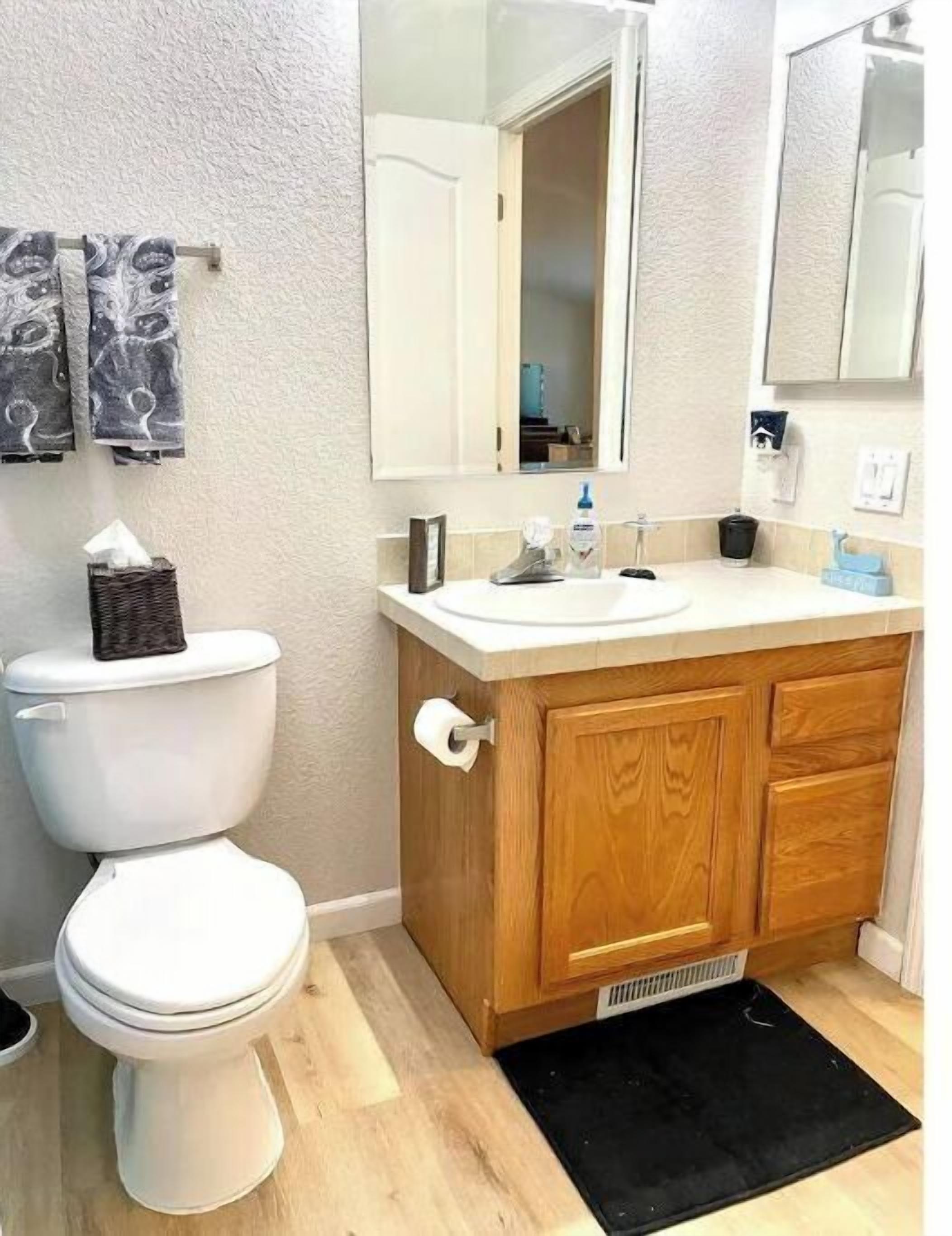 A bathroom with a toilet, a wooden vanity with a mirror, and a black rug.