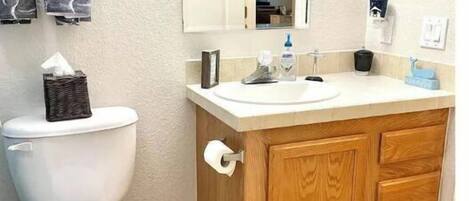 A bathroom with a toilet, a wooden vanity with a mirror, and a black rug.