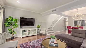 Smart TV, fireplace, books