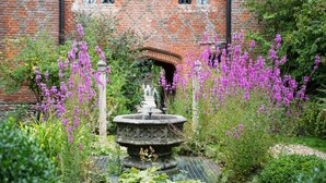 Un jardin agrémenté d’une fontaine en pierre, entouré d’une végétation luxuriante et de fleurs violettes, devant un bâtiment en briques doté de fenêtres en arc de cercle.