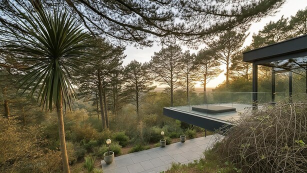 A modern outdoor terrace with a glass balustrade, surrounded by dense forest and a palm tree.