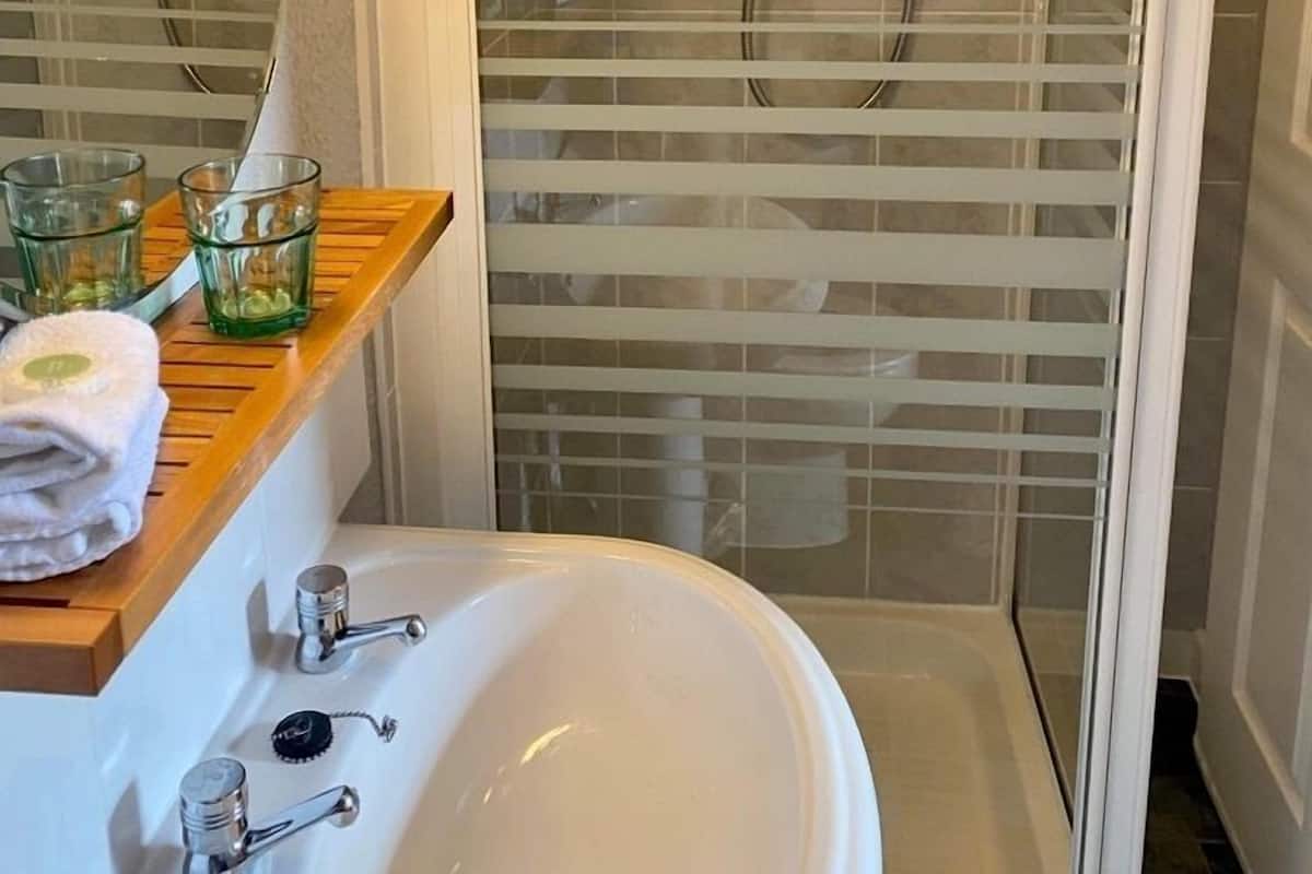 Habitación triple | Baño | Ducha, artículos de higiene personal gratuitos y toallas