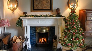 Une cheminée avec un sapin de Noël, une étagère décorée et un tableau encadré au-dessus.