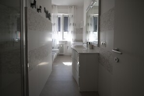 Dusche, Haartrockner, Handtücher, Toilettenpapier